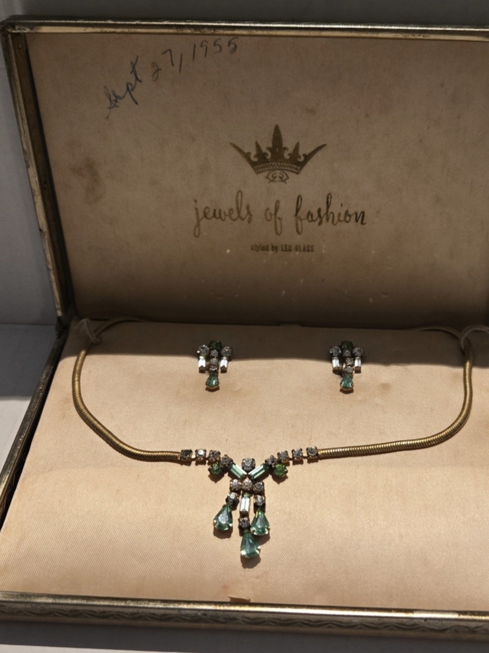 Vintage Leo Glass Jewels Of Fashion Rhinestone Necklace & Earrings Set